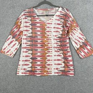 Whimsy‎ Rose Abstract Print V-Neck Top Womens Size L Stretch Artsy Boho Casual